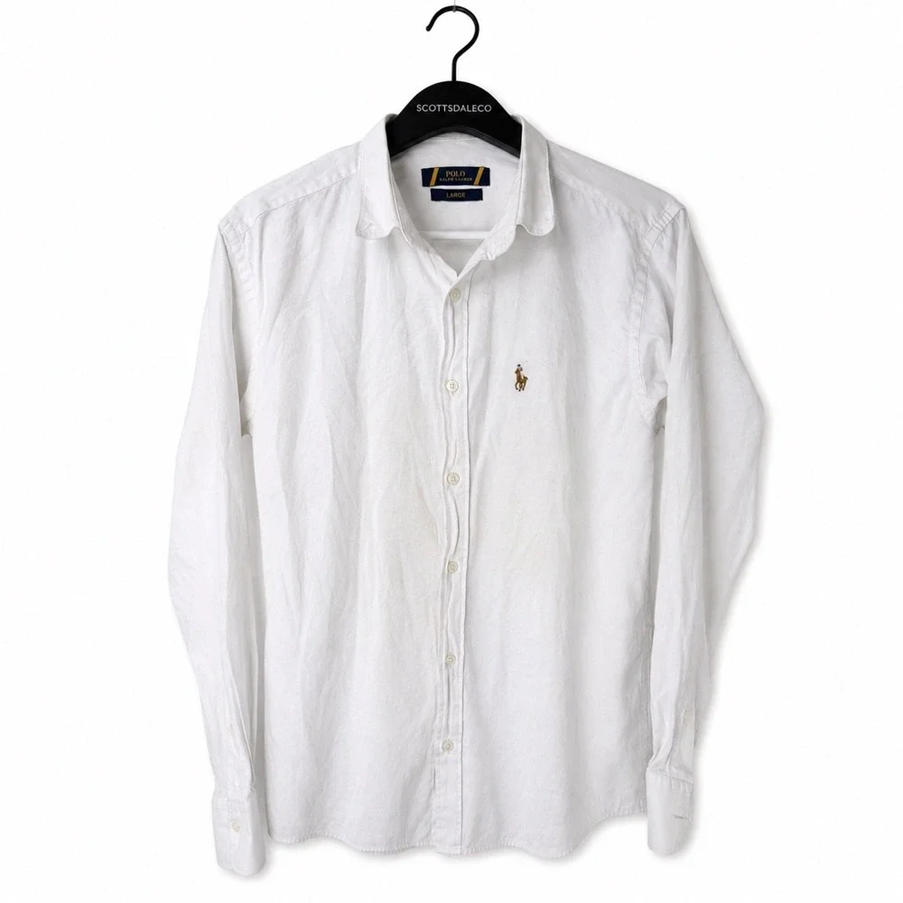 Polo Ralph Lauren Shirt Mens Large White Cotton Bamboo Button Down Classic Pony